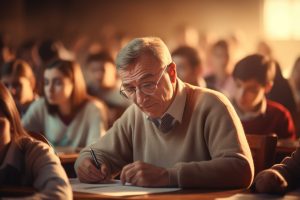 Close-up of old student taking an exam, bokeh effect, classroom with students, fun --ar 16:9 --v 5.2 Job ID: b1af4fc6-d04e-4521-95a0-ee8fb984770a